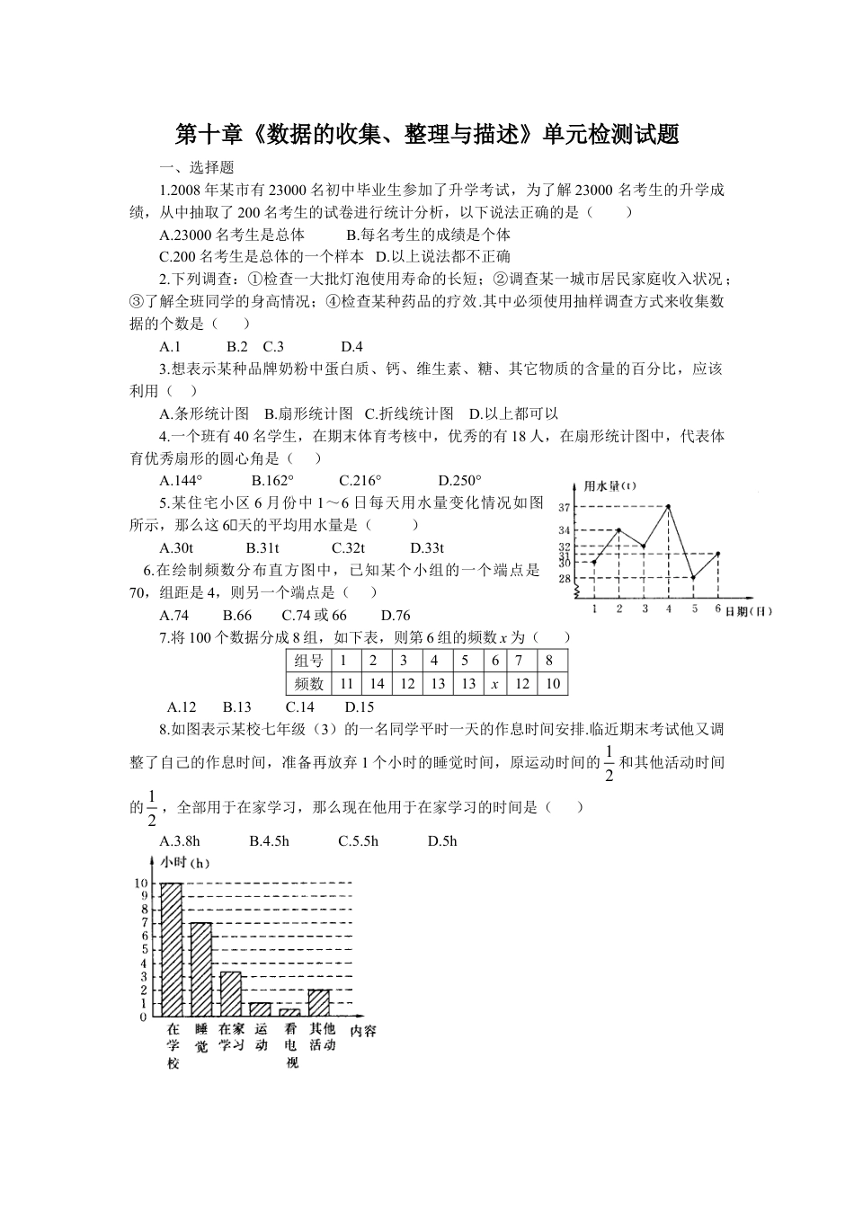 7年级下册-练习题试卷试题-人教版初中数学新人教（七下）第10章《数据的收集、整理与描述》水平测试2.doc_第1页