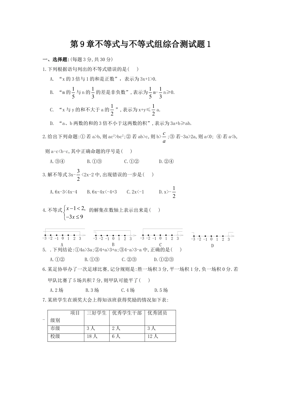 7年级下册-练习题试卷试题-人教版初中数学新人教（七下）第9章不等式与不等式组综合测试题1.doc_第1页