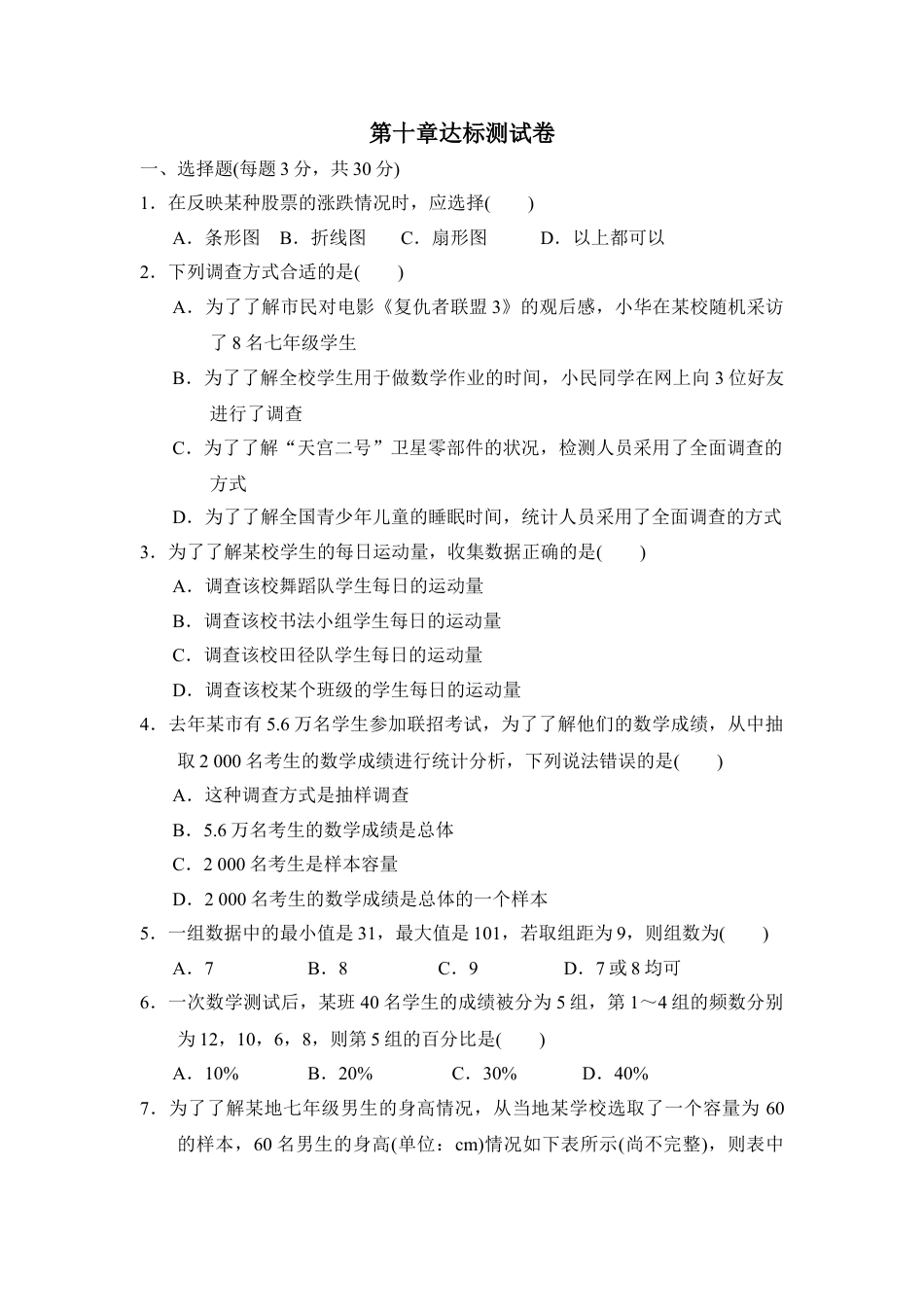 7年级下册-练习题试卷试题-人教版初中数学第十章达标测试卷.doc_第1页