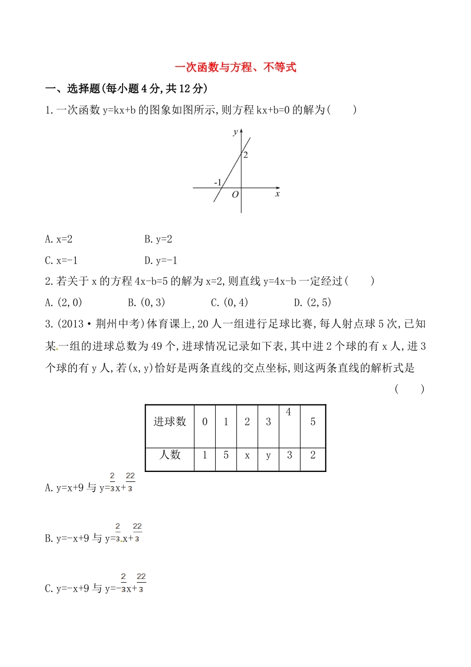 8年级下册-练习题试卷试题-人教版初中数学《一次函数与方程、不等式》基础测试卷及答案.doc_第1页