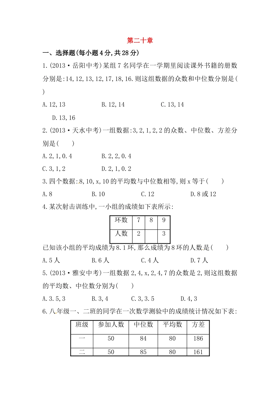 8年级下册-练习题试卷试题-人教版初中数学八年级数学下册知识点汇聚单元测试：第二十章（中考冲刺复习通用，含详解）.doc_第1页