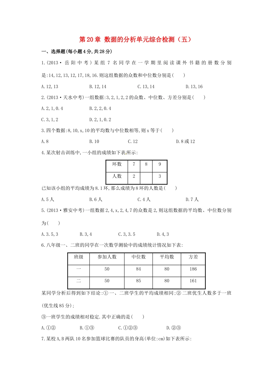 8年级下册-练习题试卷试题-人教版初中数学八年级数学下册第20章数据的分析单元综合检测（五）（新版）新人教版.doc_第1页