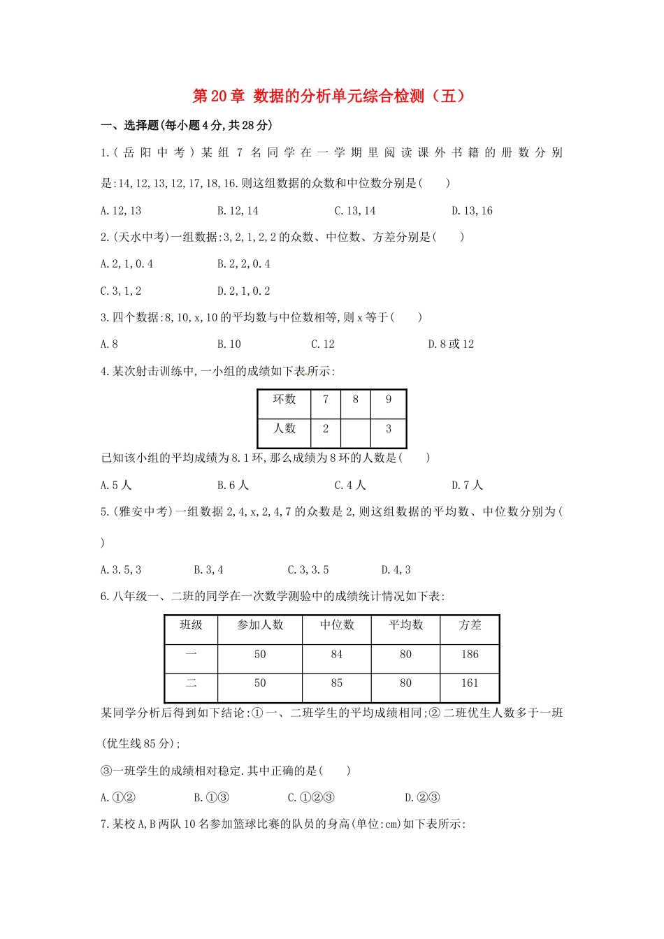 8年级下册-练习题试卷试题-人教版初中数学第20章数据的分析单元综合检测.doc_第1页