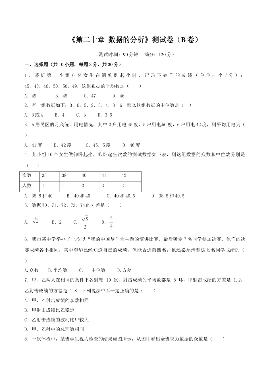 8年级下册-练习题试卷试题-人教版初中数学第20章数据的分析（B卷）.doc_第1页