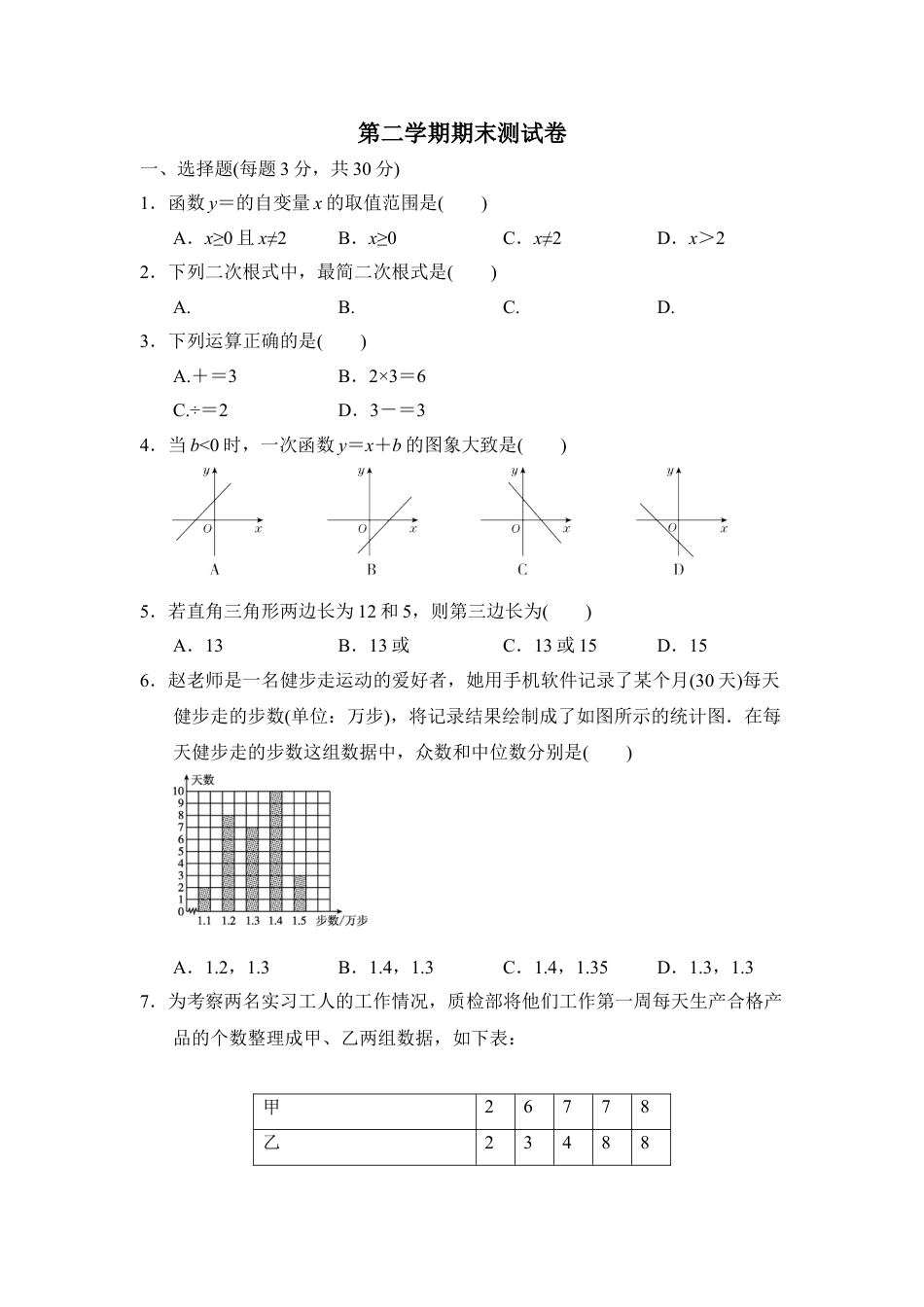 8年级下册-练习题试卷试题-人教版初中数学第二学期期末测试卷.doc_第1页