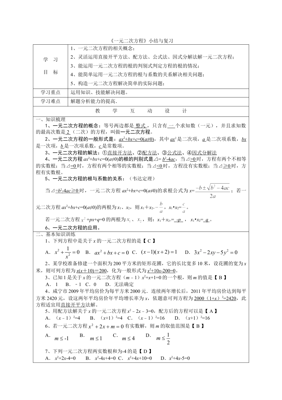 9年级上册-练习题试卷试题-人教版初中数学21.4《一元二次方程》小结与复习.doc_第1页