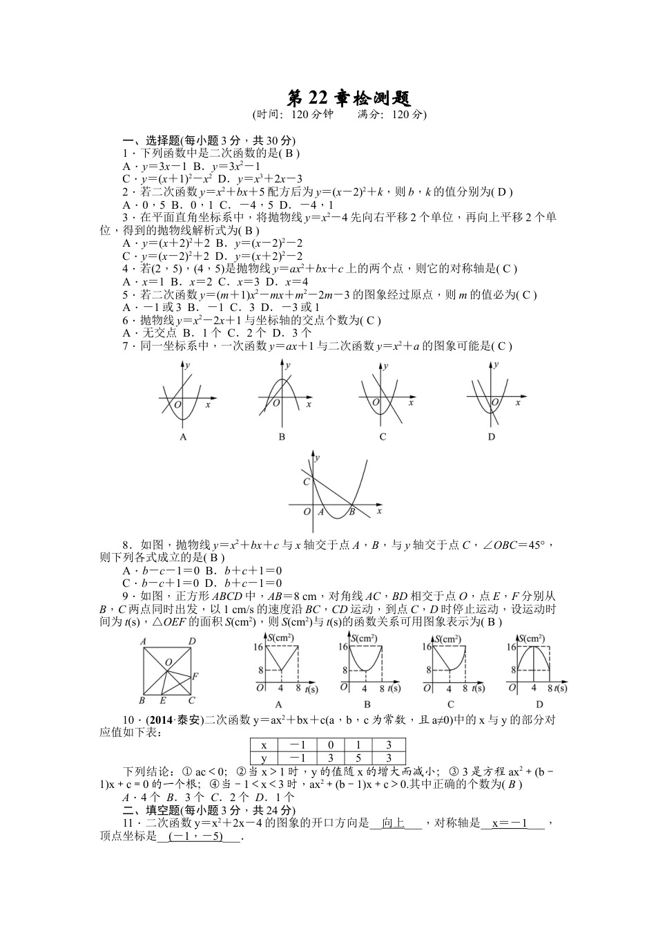 9年级上册-练习题试卷试题-人教版初中数学22二次函数单元检测题2含答案.doc_第1页