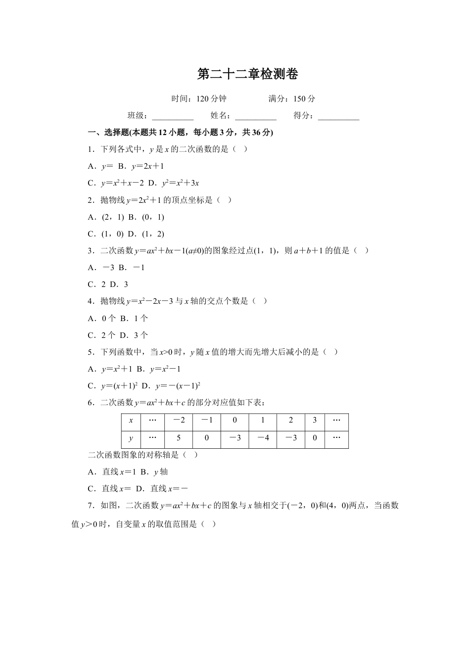 9年级上册-练习题试卷试题-人教版初中数学第22章二次函数检测卷.doc_第1页