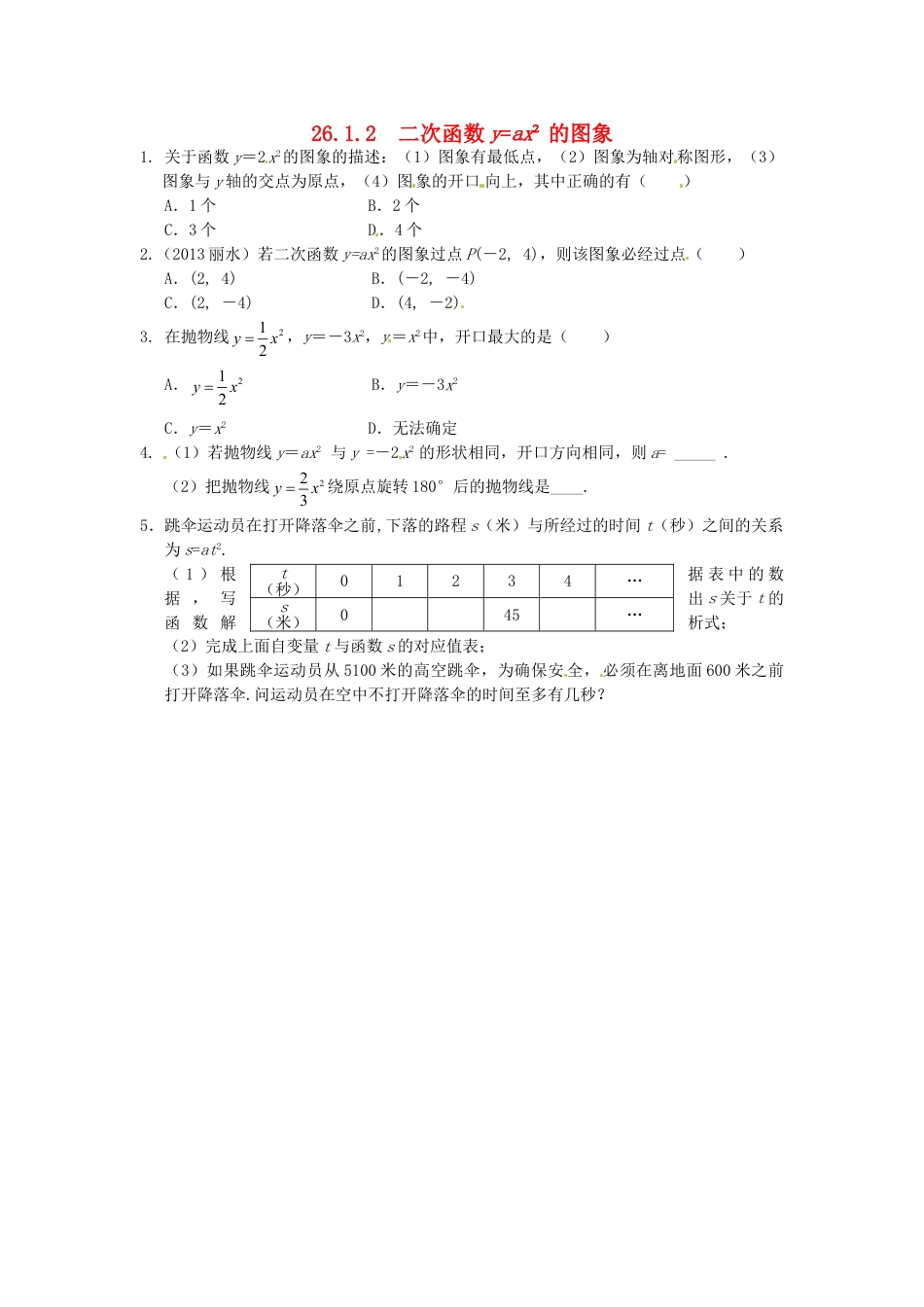 9年级下册-练习题试卷试题-人教版初中数学26.1.2二次函数y=ax2的图象同步练习新人教版.doc_第1页