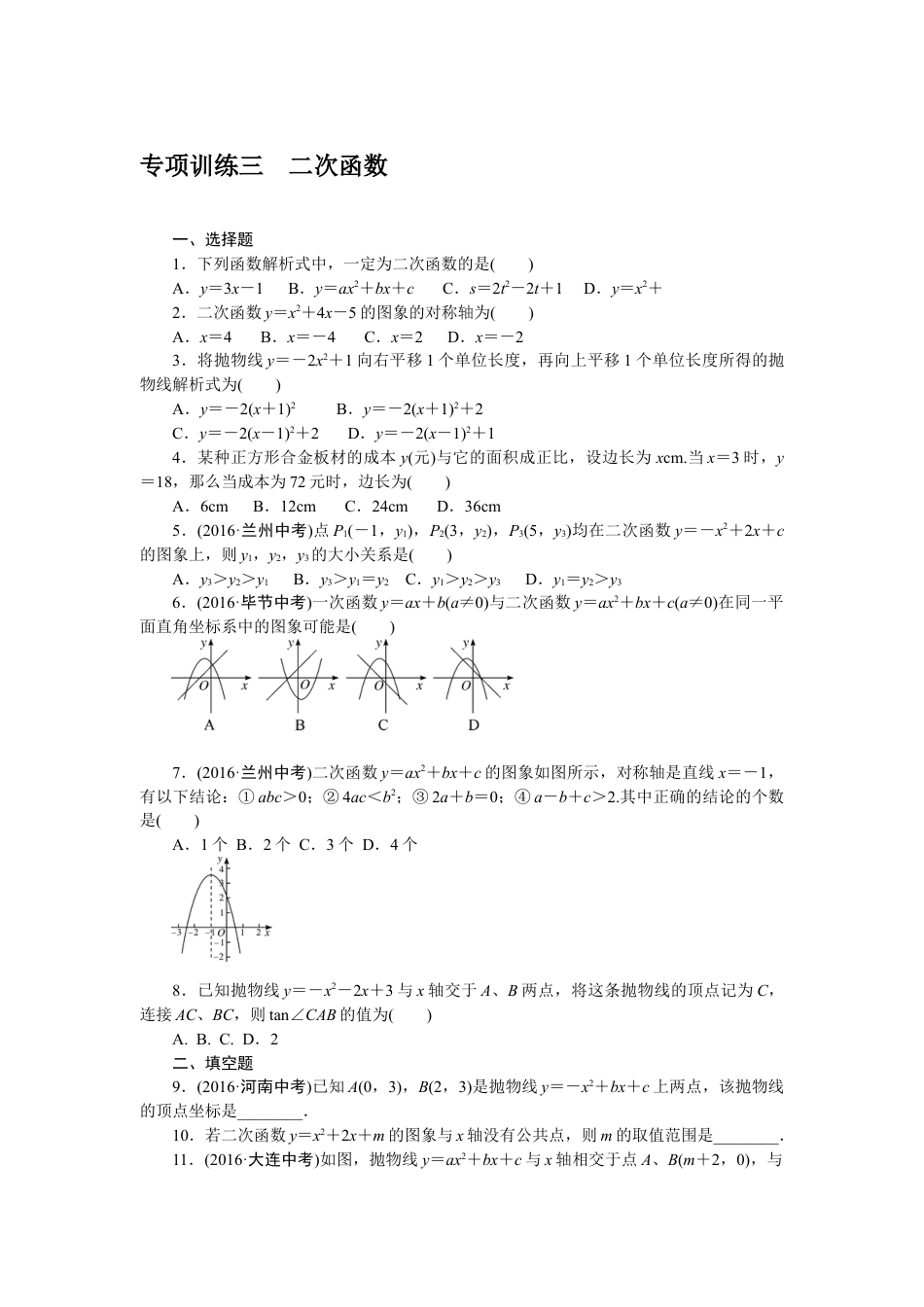 9年级下册-练习题试卷试题-人教版初中数学专项训练三二次函数.doc_第1页