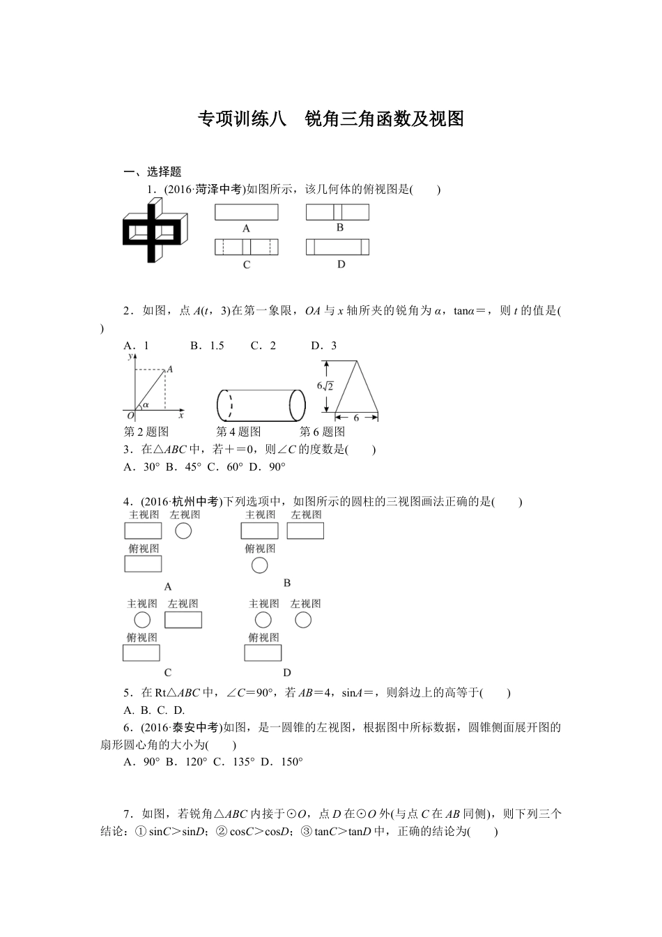 9年级下册-练习题试卷试题-人教版初中数学专项训练八锐角三角函数及视图.doc_第1页