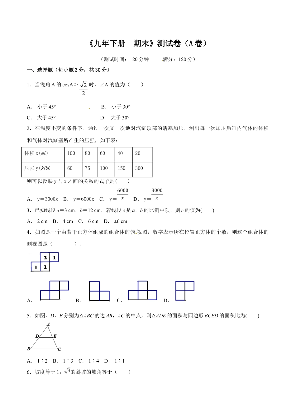 9年级下册-练习题试卷试题-人教版初中数学期末测试卷（A卷）.doc_第1页