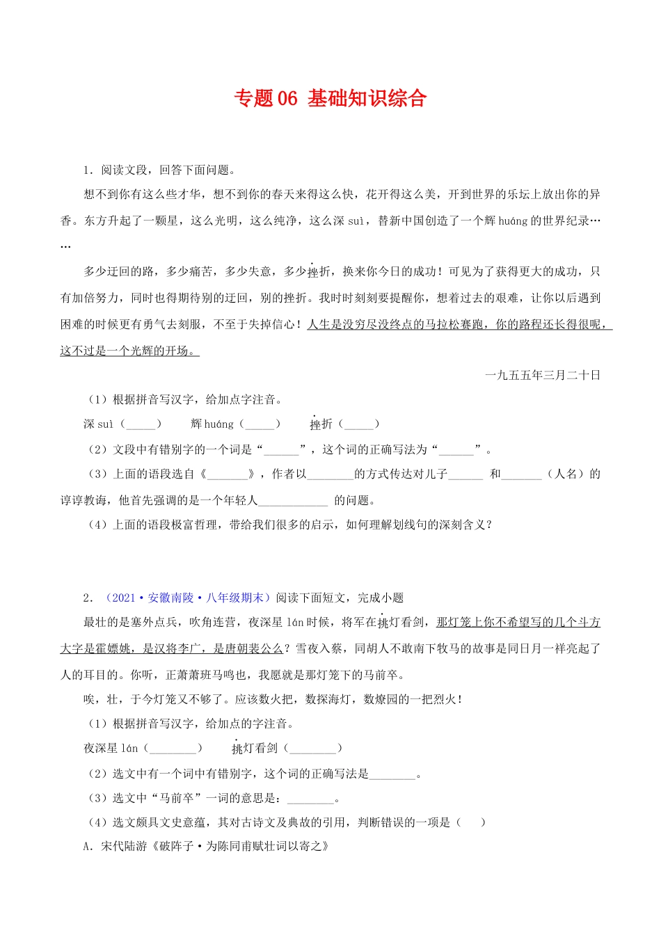 8下初中语文专项练习专题06：基础综合（原卷版）.docx_第1页