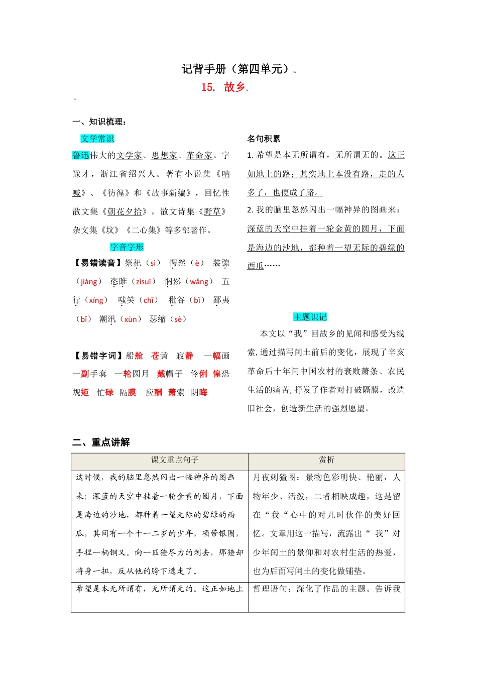 9上初中语文知识总结第四单元知识总结.doc_第1页