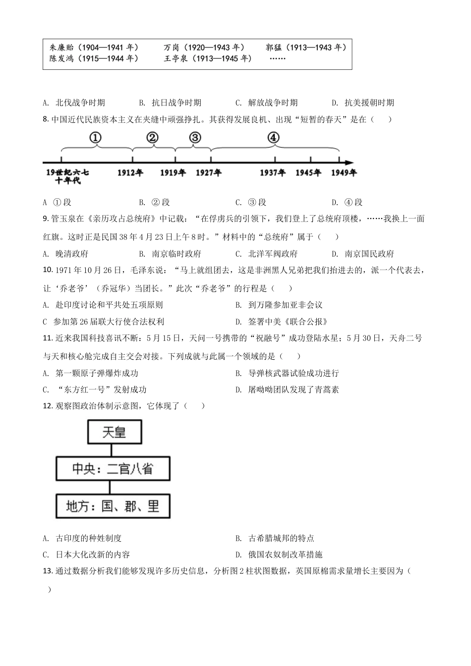 7上试卷历史江苏省盐城市2021年中考历史试题（原卷版）.doc_第2页