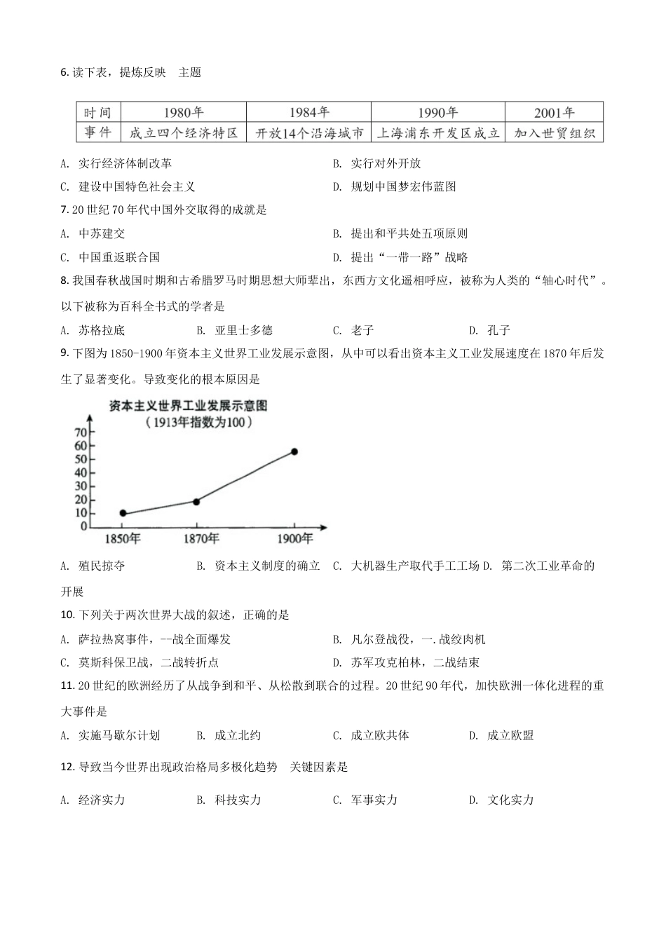 7上试卷历史湖北省鄂州市2021年中考历史试题（原卷版）.doc_第2页