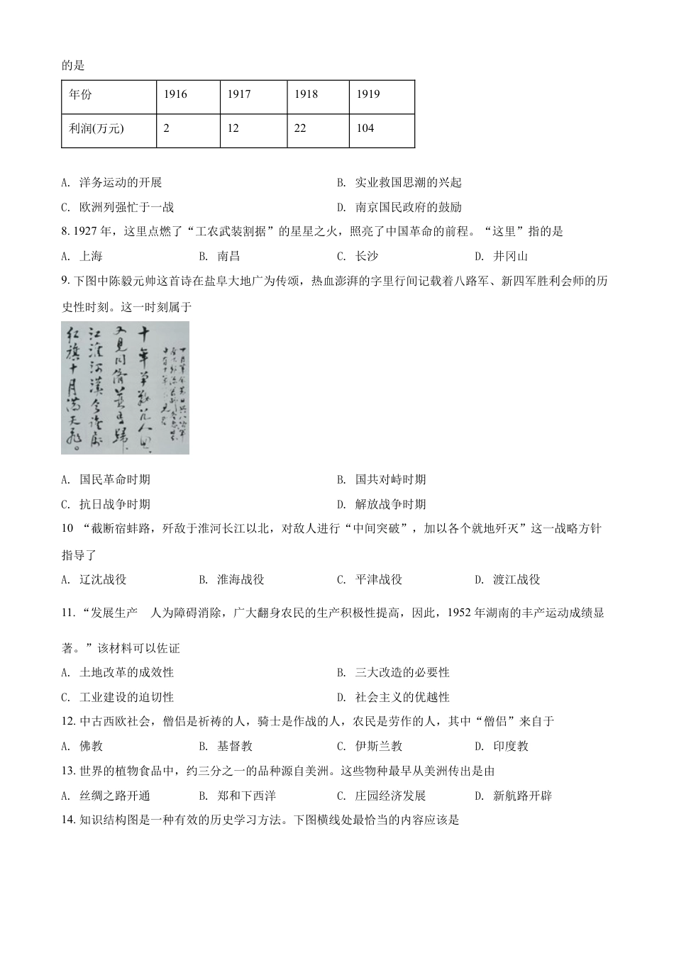 7上试卷历史精品解析：2022年江苏省盐城市中考历史真题（原卷版）.docx_第2页