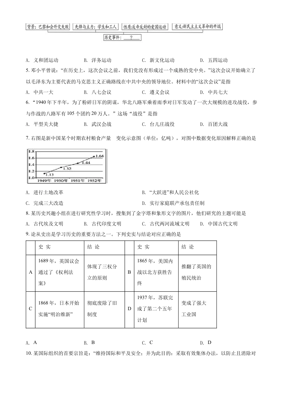 7上试卷历史精品解析：2022年湖北省随州市中考历史真题（原卷版）.docx_第2页