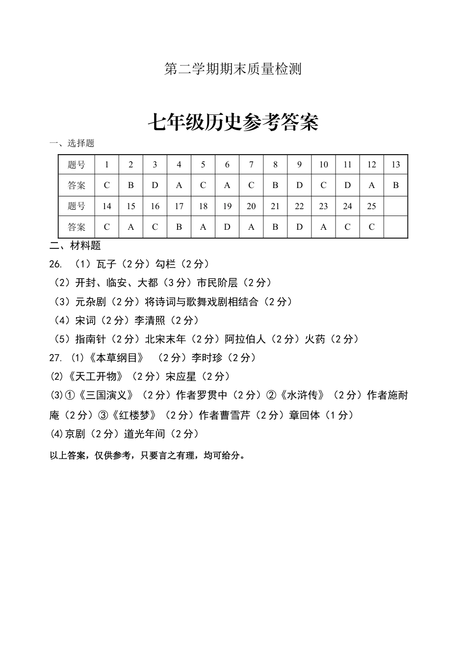 7下试卷历史七年级历史上学期期末测试参考答案 .doc_第1页