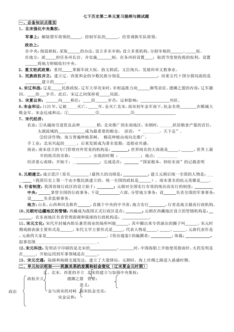 7下试卷历史人教版七年级历史下册第二单元 辽宋夏金元时期复习提纲与测试题（word版附答案）.doc_第1页