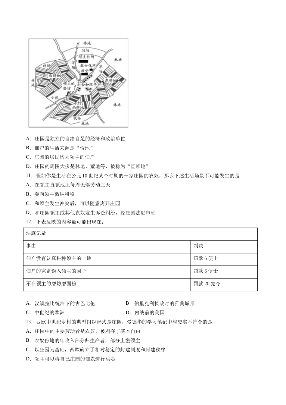 9上试卷历史第8课 西欧庄园（含答案解析）-【必刷题】2021-2022学年九年级历史上册同步练习（部编版）.docx_第2页