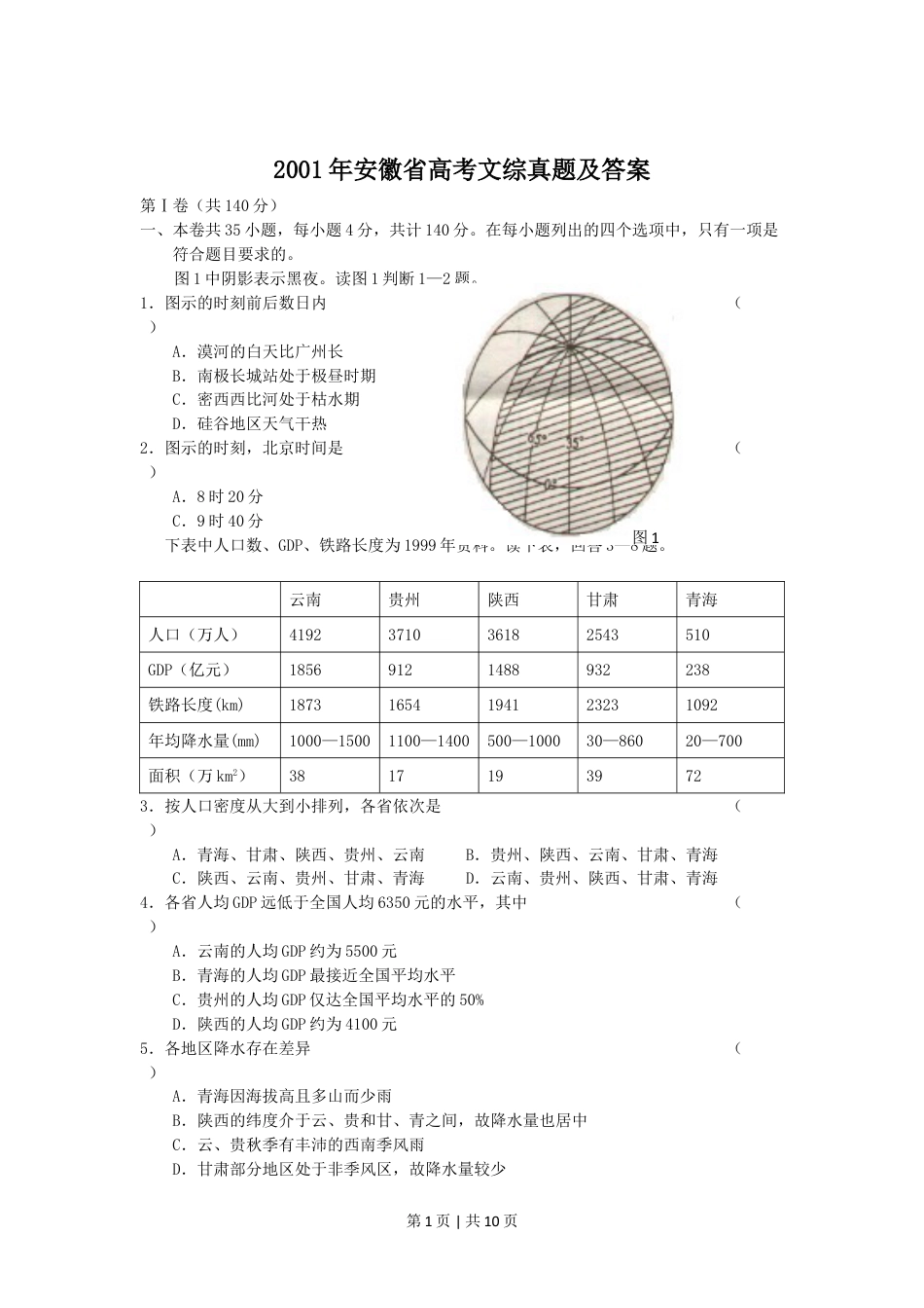 2001年安徽高考文综真题及答案.doc_第1页