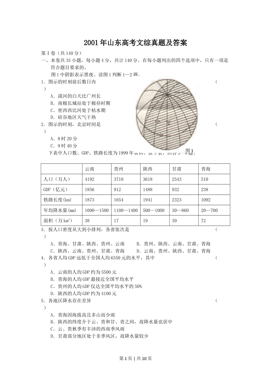 2001年山东高考文综真题及答案.doc_第1页