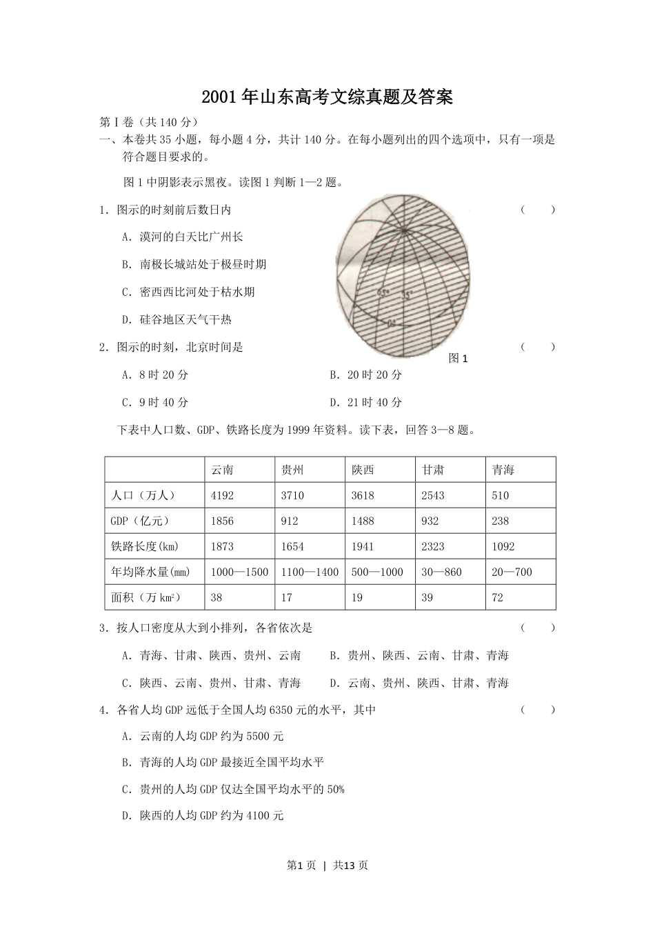 2001年山东高考文综真题及答案.pdf_第1页