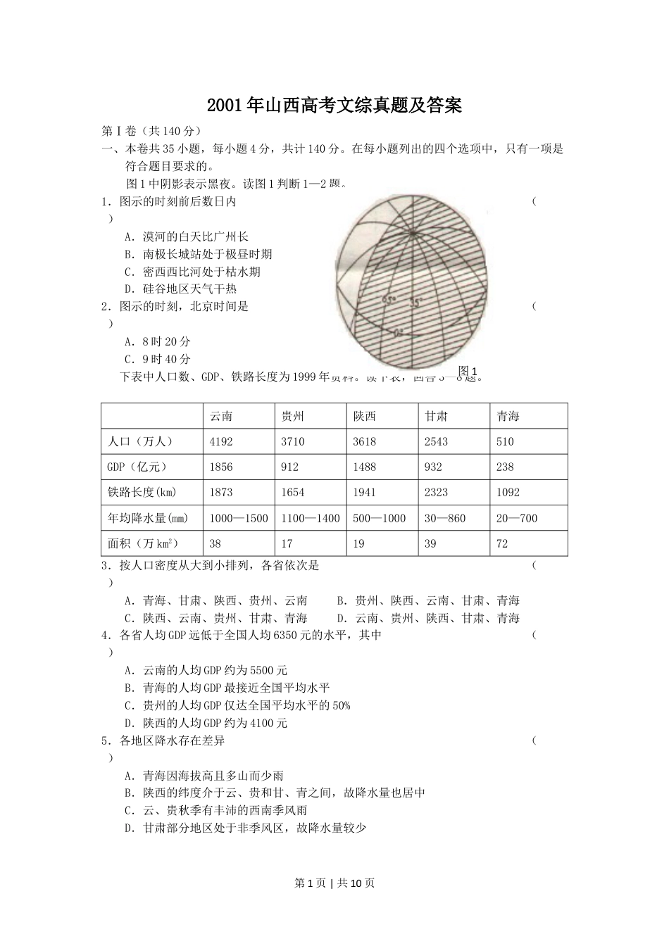 2001年山西高考文综真题及答案.doc_第1页