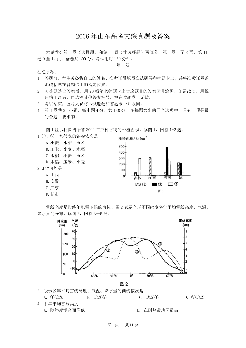 2006年山东高考文综真题及答案.pdf_第1页