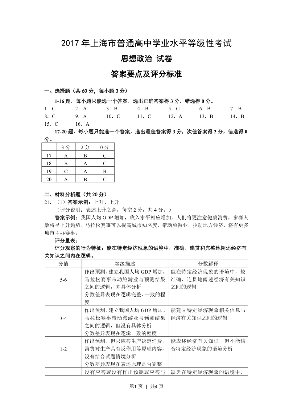 2017年高考政治试卷（上海）（答案）.pdf_第1页