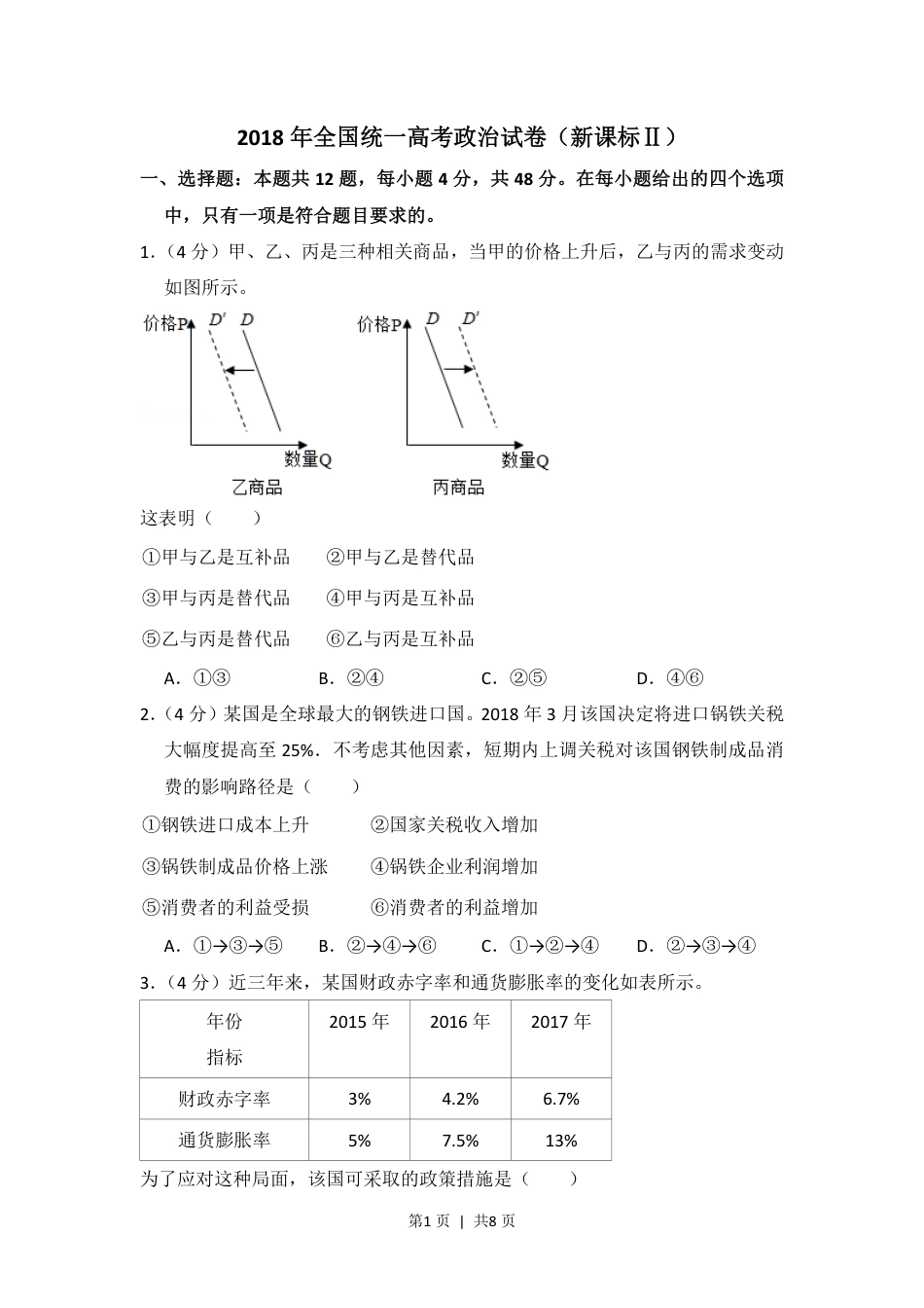 2018年高考政治试卷（新课标Ⅱ）（空白卷）.pdf_第1页