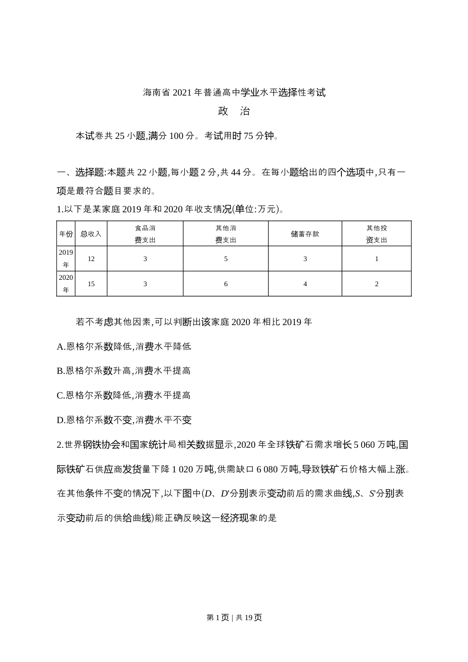 2021年高考政治试卷（海南）（空白卷）.docx_第1页