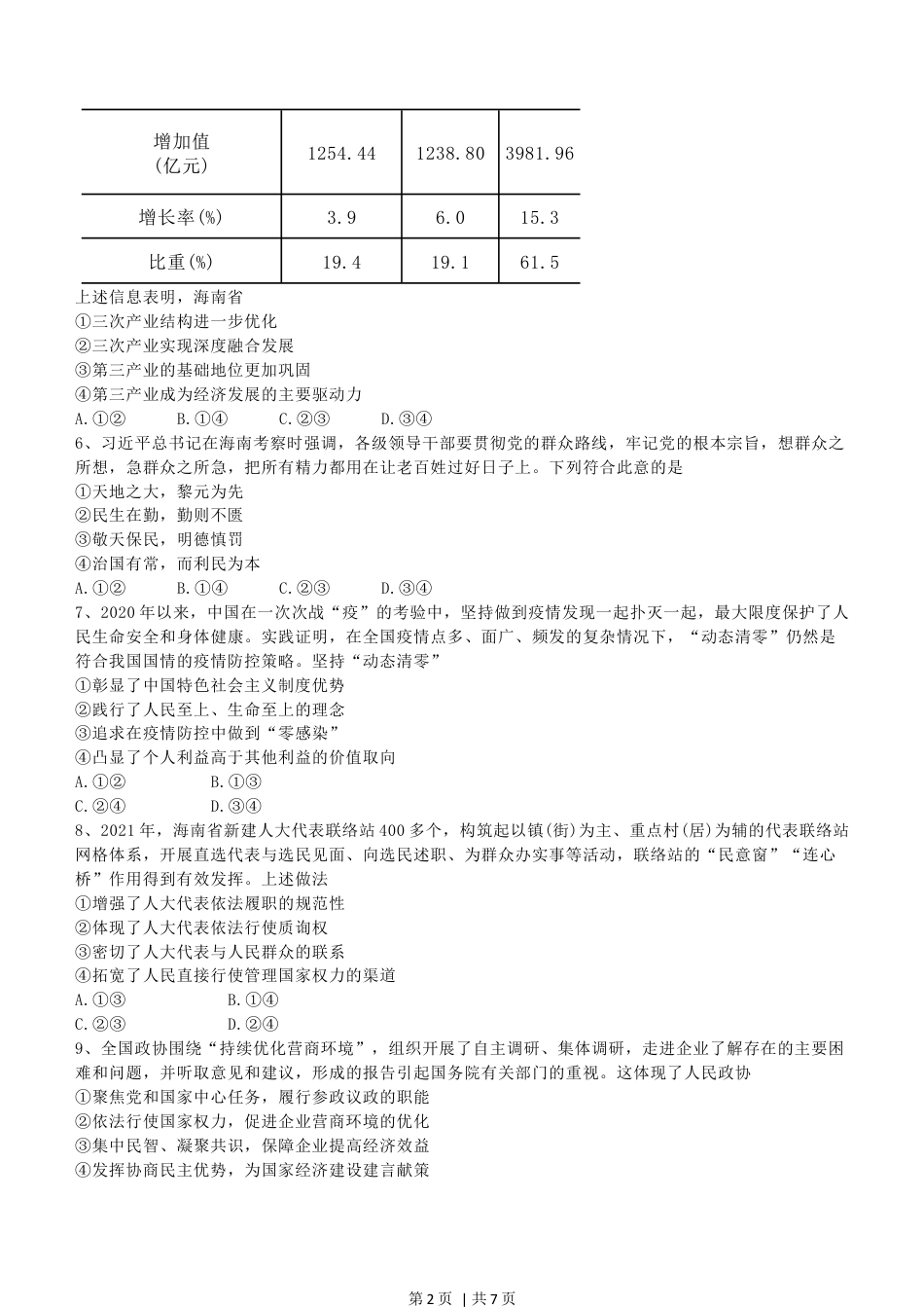 2022年高考政治试卷（海南）（空白卷）.docx_第2页