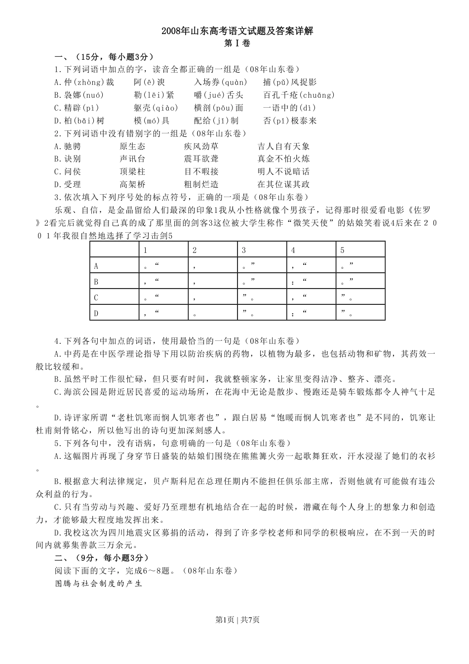 2008年高考语文试卷（山东）（空白卷）.pdf_第1页