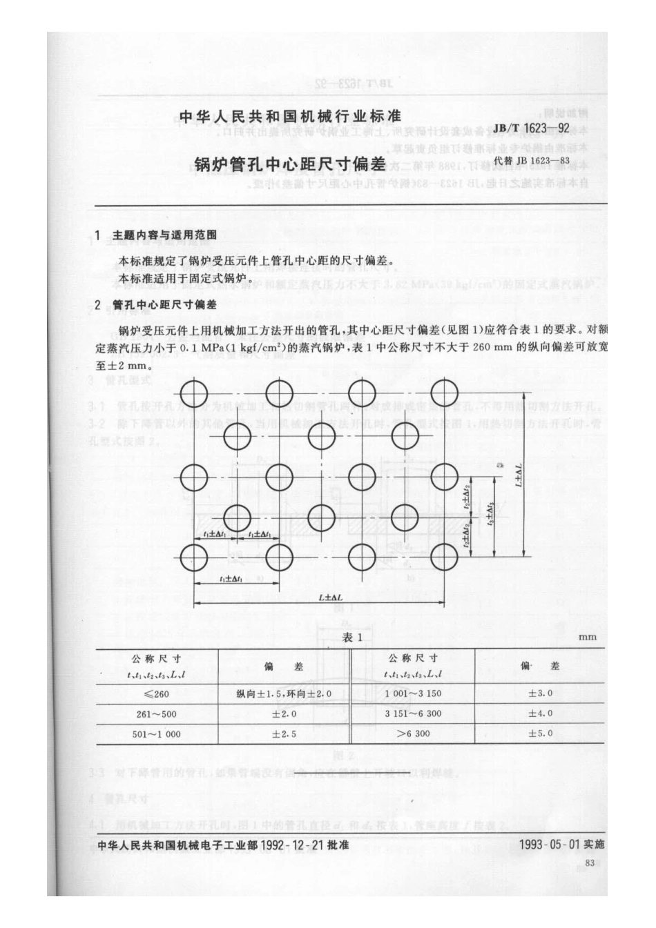 JB/T 1623-1992锅炉管孔中心距尺寸偏差_第1页