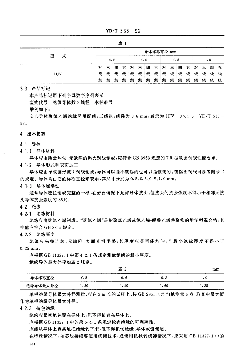 YD/T 535-1992聚氯乙烯绝缘聚氯乙烯护套低频通信电缆电线实心导体聚氯乙烯绝缘局用配线_第3页