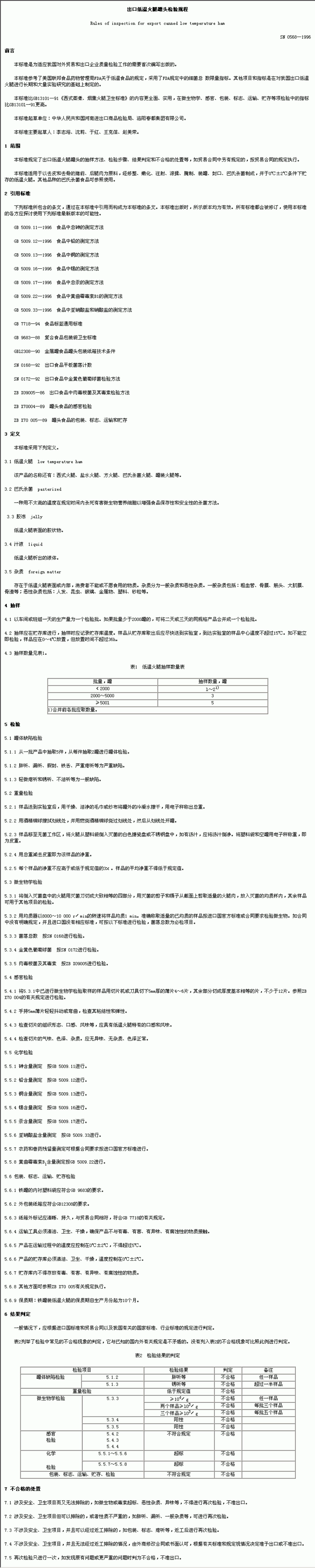 SN 0568-1996出口低温火腿罐头检验规程_第1页