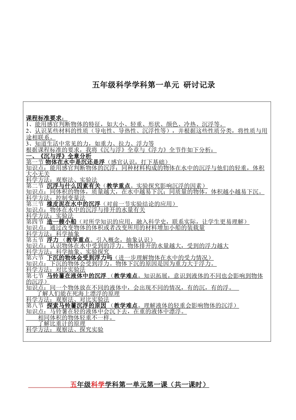 教科版五年级下册精品第一单元:沉和浮教案教学设计下载_第2页