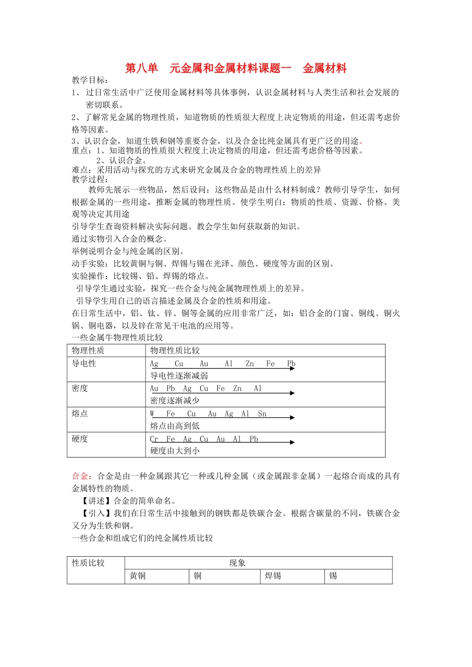 人教版化学原创第八单元:金属和金属材料教案教学设计下_第1页