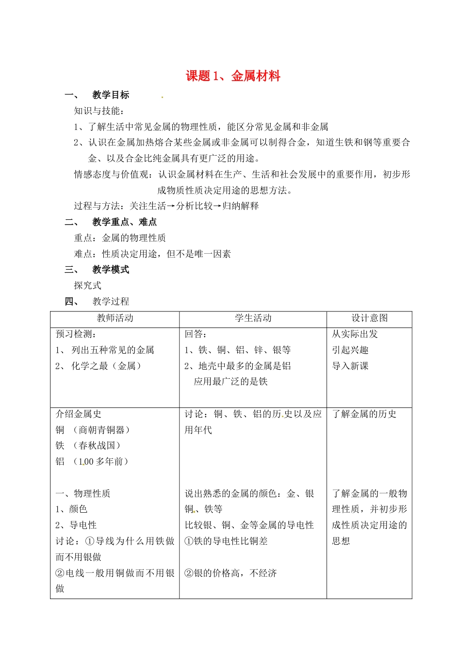 人教版化学第八单元:金属和金属材料教学设计教案下载_第1页