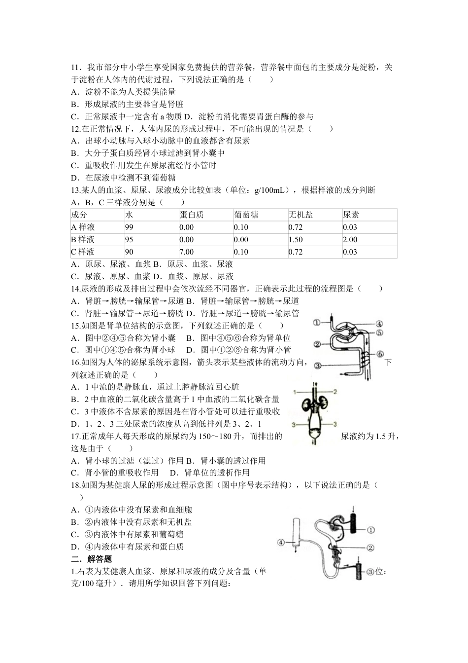 下载七年级下册生物第五章:人体内废物的排出练习试卷2_第2页